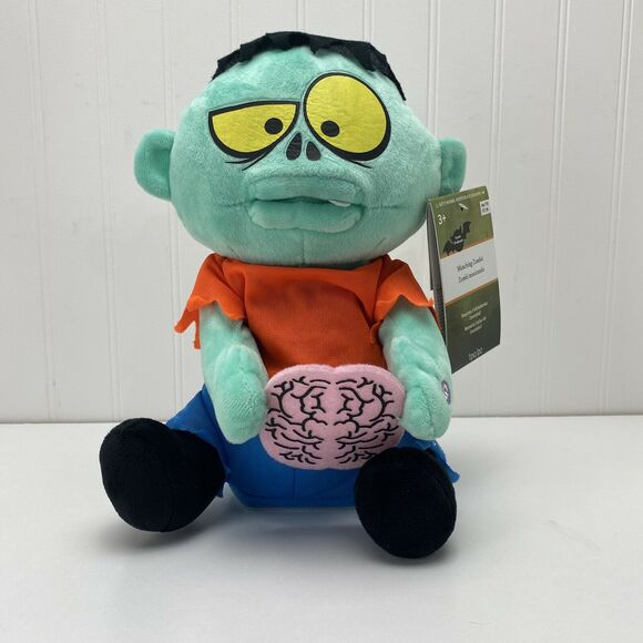 Gemmy 11" Plush Stuffed Zombie Animated Monster Munching On Brain Halloween Cute - Picture 1 of 9